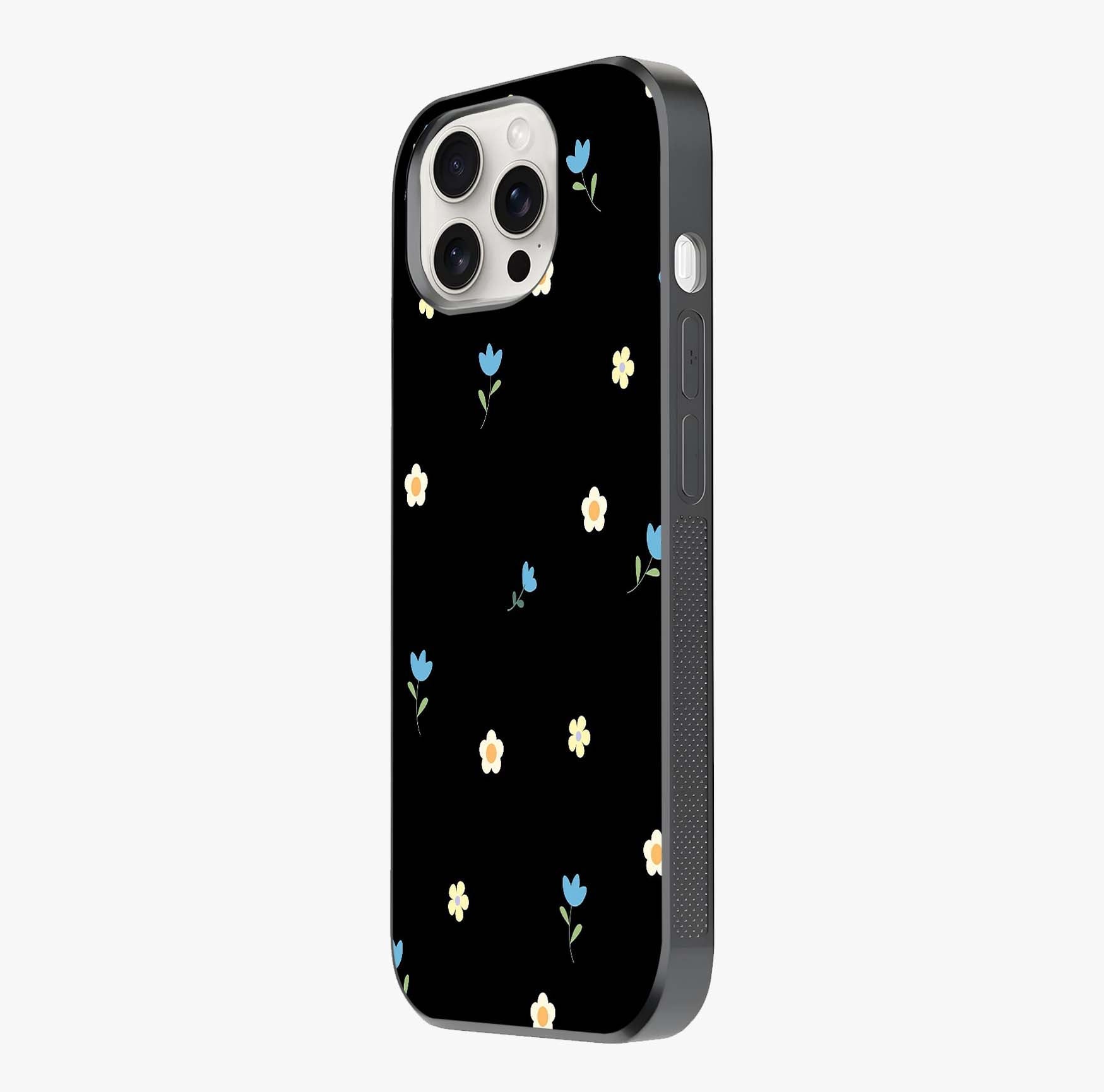 Minimalistic Blue With White Flower Pattern Glass Case photographed in natural light showing reflective finish and design depth.