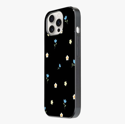 Minimalistic Blue With White Flower Pattern Glass Case photographed in natural light showing reflective finish and design depth.