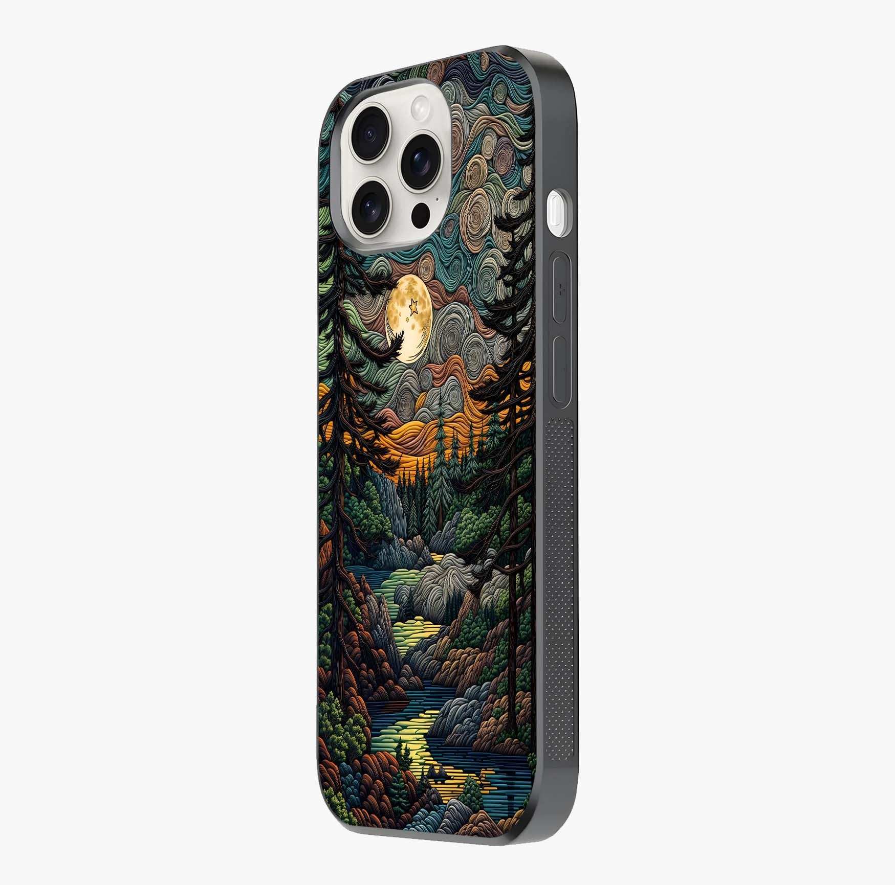 Moonlight Forest Dream Glass Case photographed in natural light showing reflective finish and design depth.
