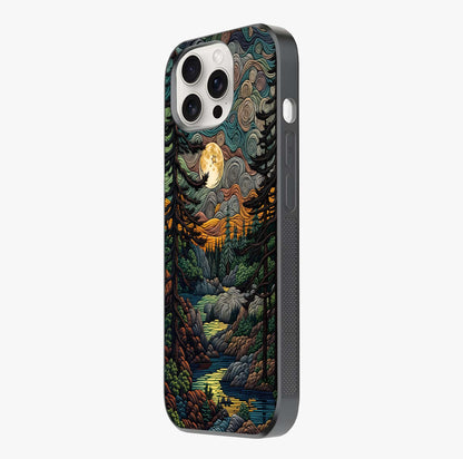 Moonlight Forest Dream Glass Case photographed in natural light showing reflective finish and design depth.