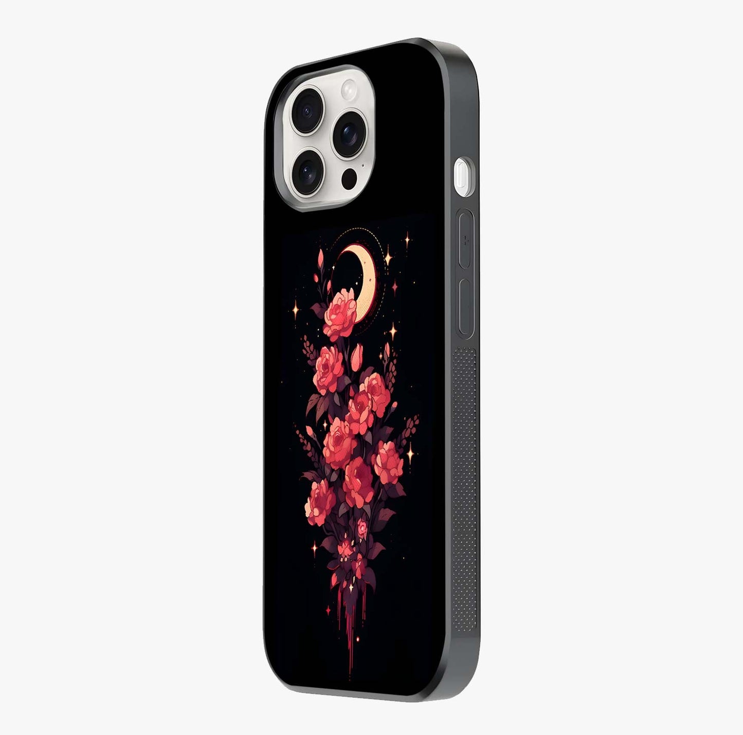 Moonlit Floral Elegance Glass Case photographed in natural light showing reflective finish and design depth.