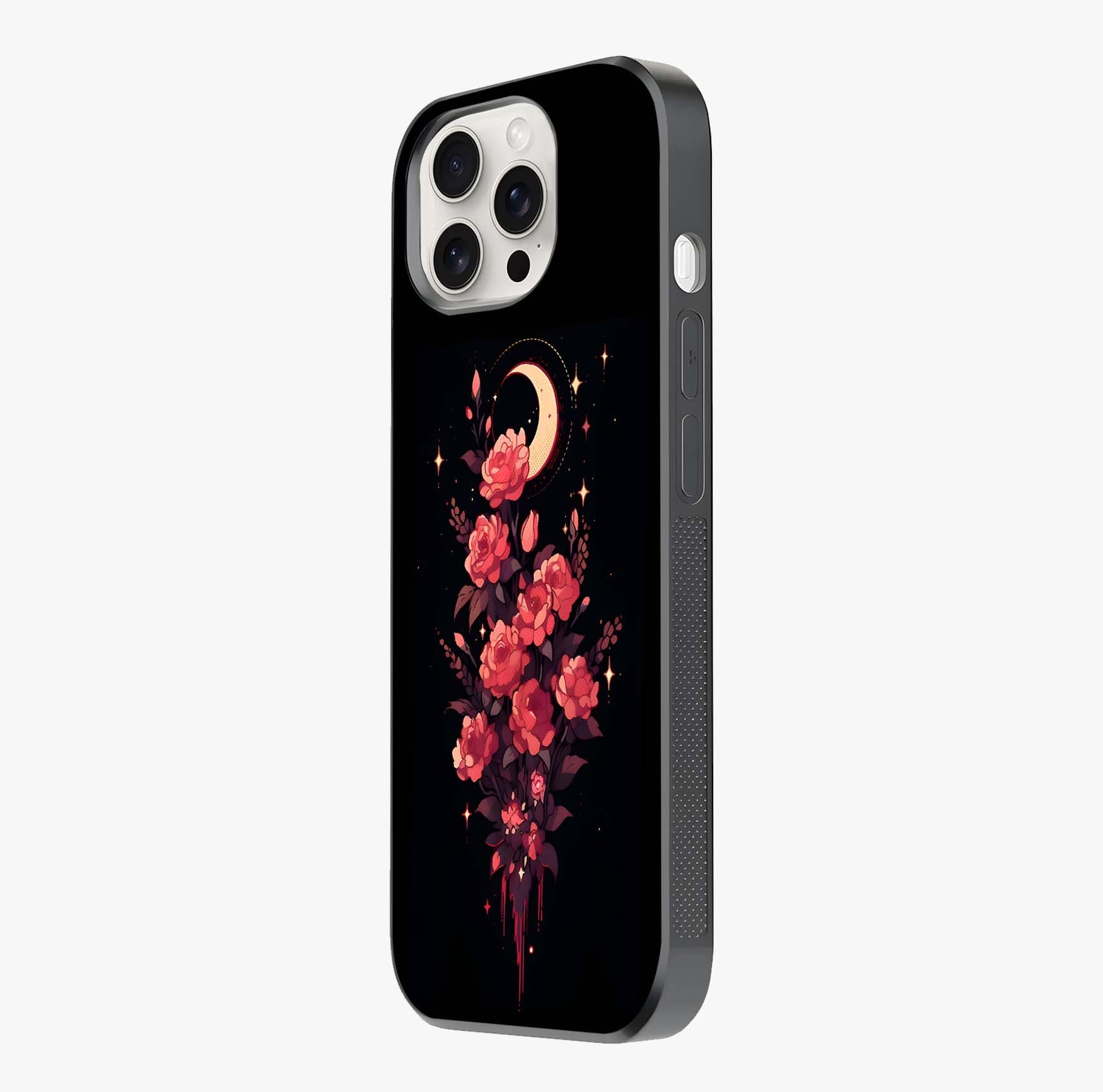 Moonlit Floral Elegance Glass Case photographed in natural light showing reflective finish and design depth.