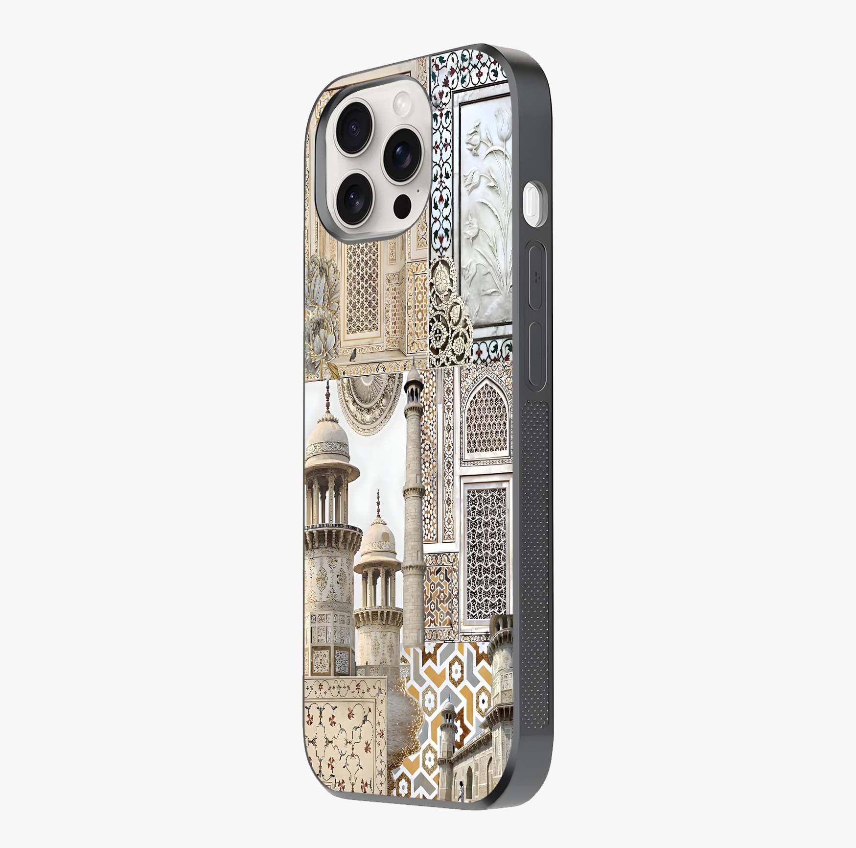 Mughal Marble Legacy Glass Case photographed in natural light showing reflective finish and design depth.