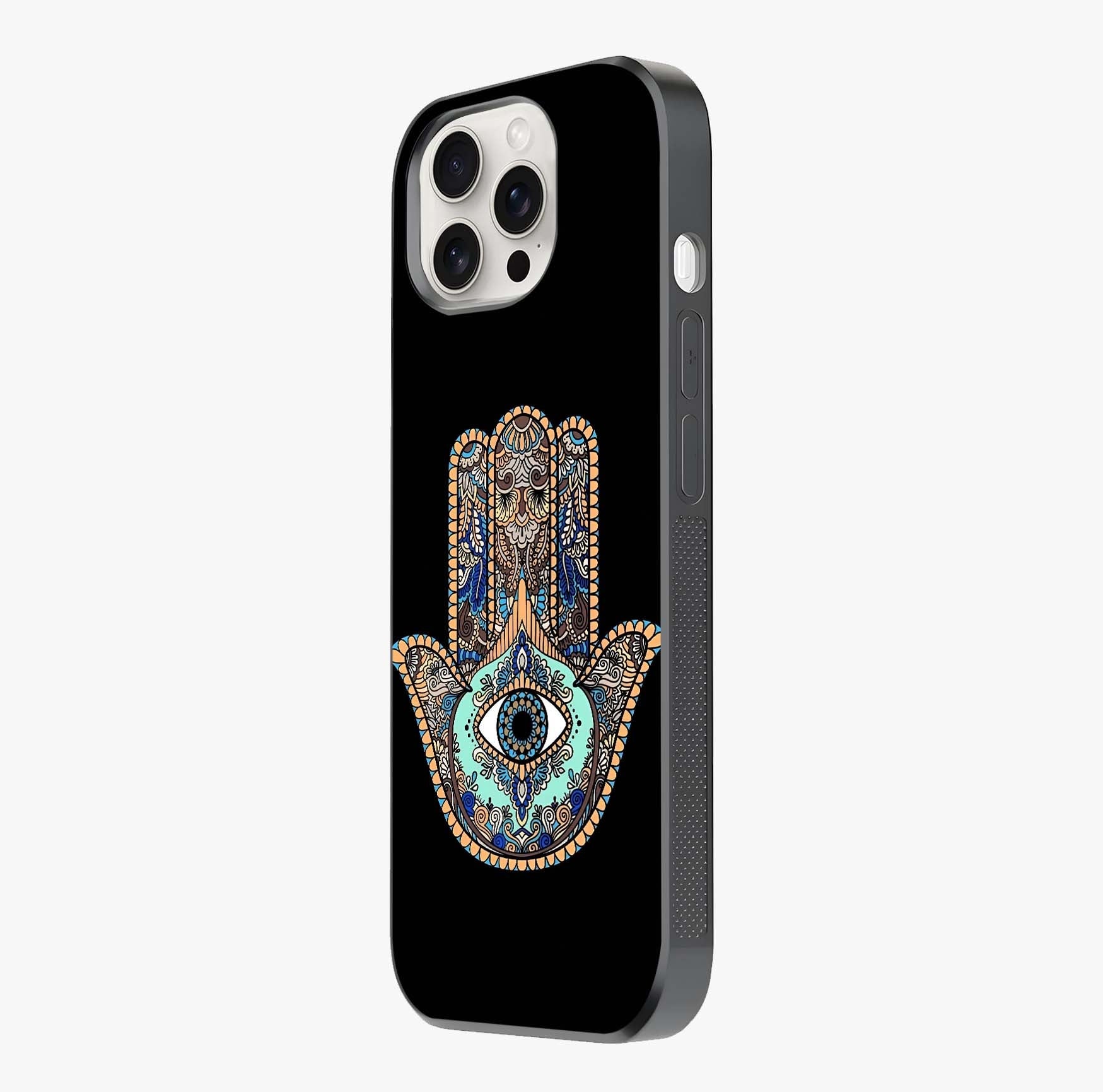 Mystic Hamsa Eye Glass Case photographed in natural light showing reflective finish and design depth.
