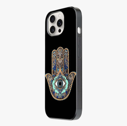 Mystic Hamsa Eye Glass Case photographed in natural light showing reflective finish and design depth.