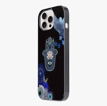 Mystic Hand Aura Glass Case photographed in natural light showing reflective finish and design depth.