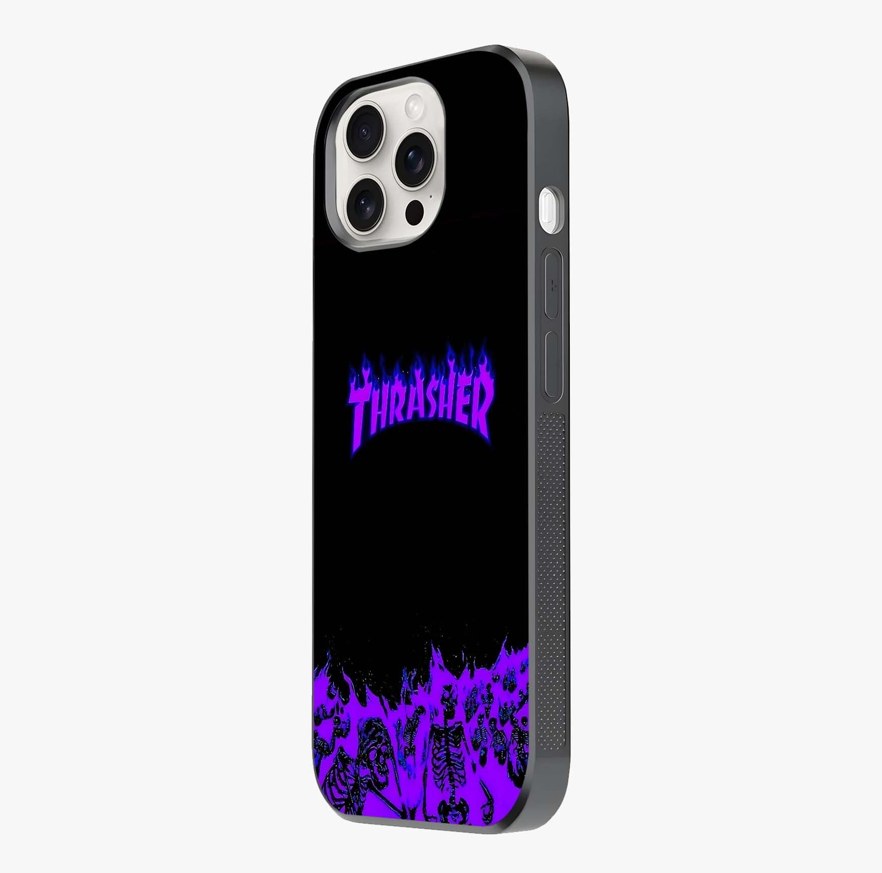 Neon Flame Riot Glass Case photographed in natural light showing reflective finish and design depth.