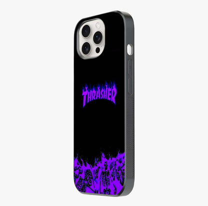 Neon Flame Riot Glass Case photographed in natural light showing reflective finish and design depth.