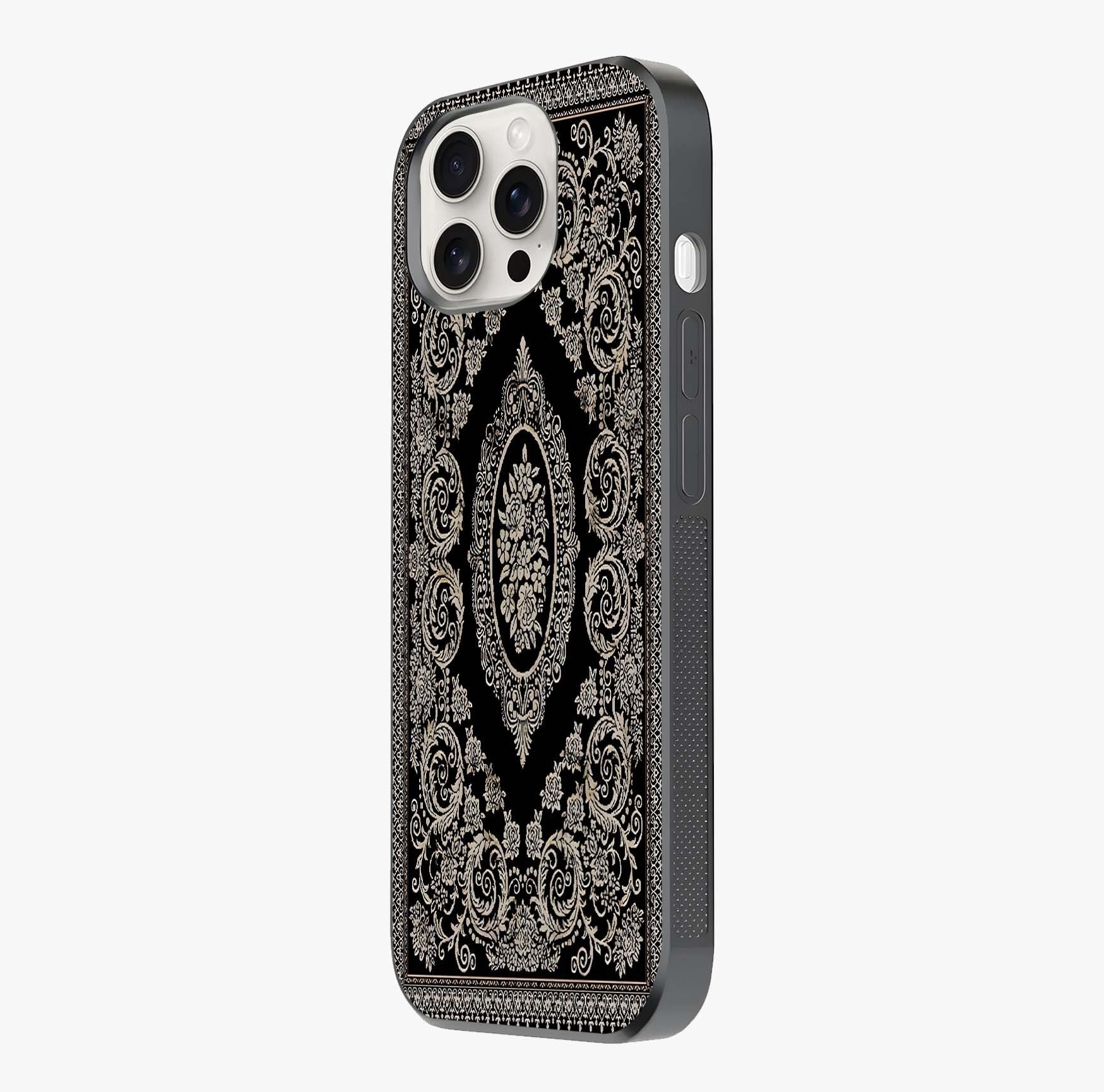 Noir Bloom Elegance Glass Case photographed in natural light showing reflective finish and design depth.