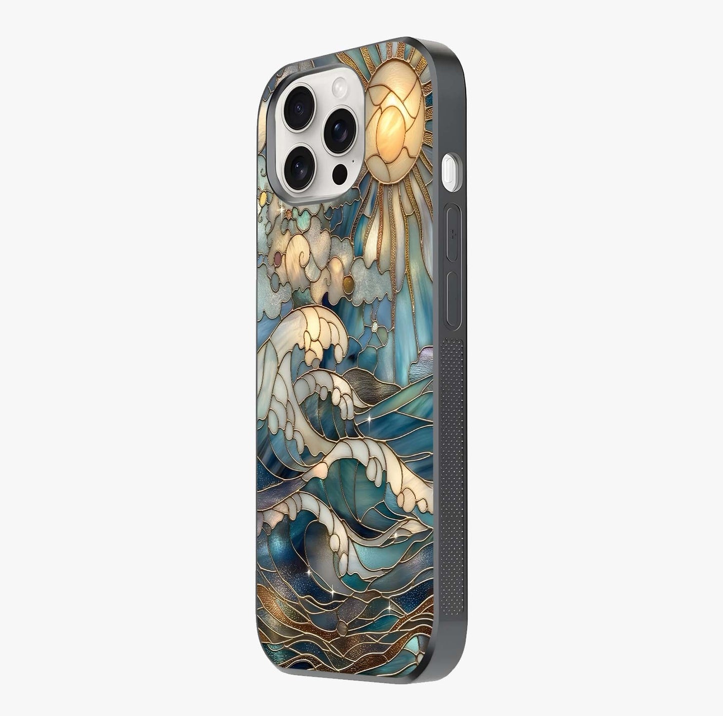 Oceanic Stained Printed Glass Case photographed in natural light showing reflective finish and design depth.