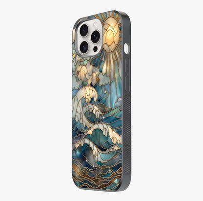 Oceanic Stained Printed Glass Case photographed in natural light showing reflective finish and design depth.