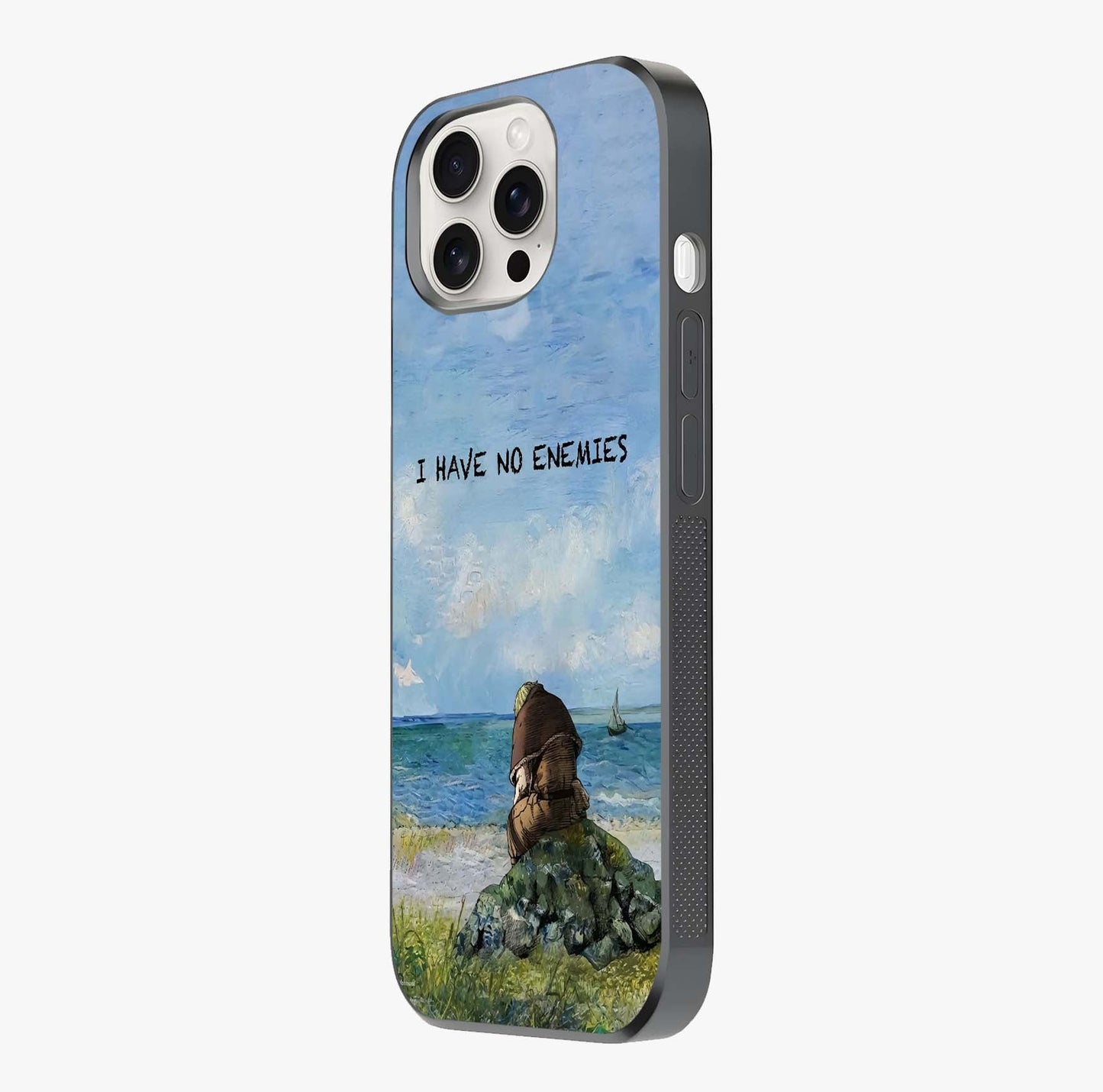 Peace Beyond War Glass Case photographed in natural light showing reflective finish and design depth.