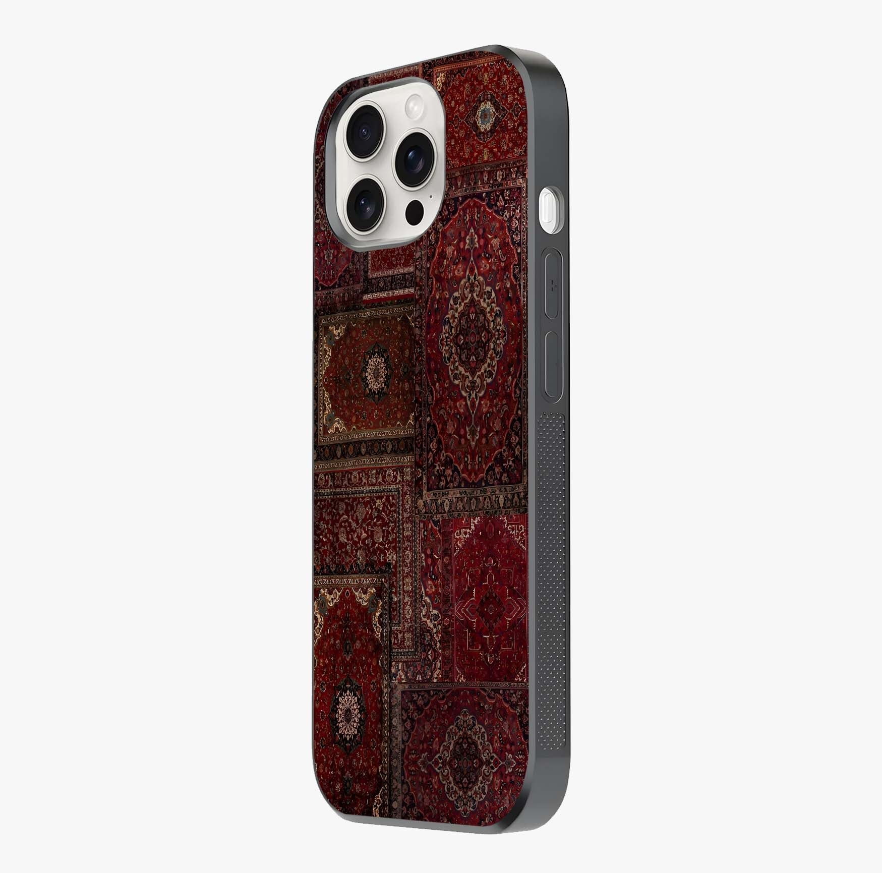 Persian Velvet Tale Glass Case photographed in natural light showing reflective finish and design depth.
