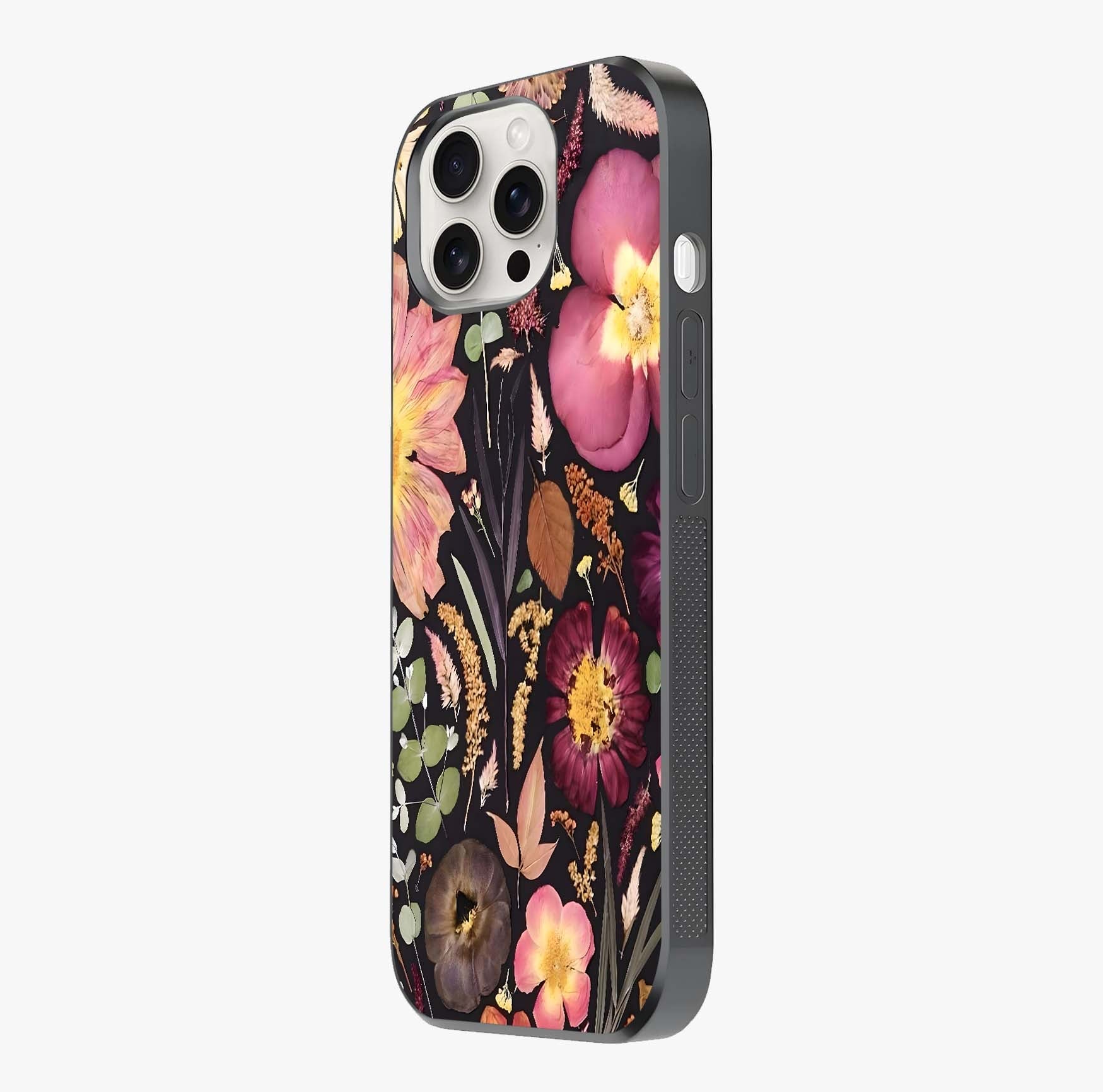 Petal Dream Tapestry Glass Case photographed in natural light showing reflective finish and design depth.
