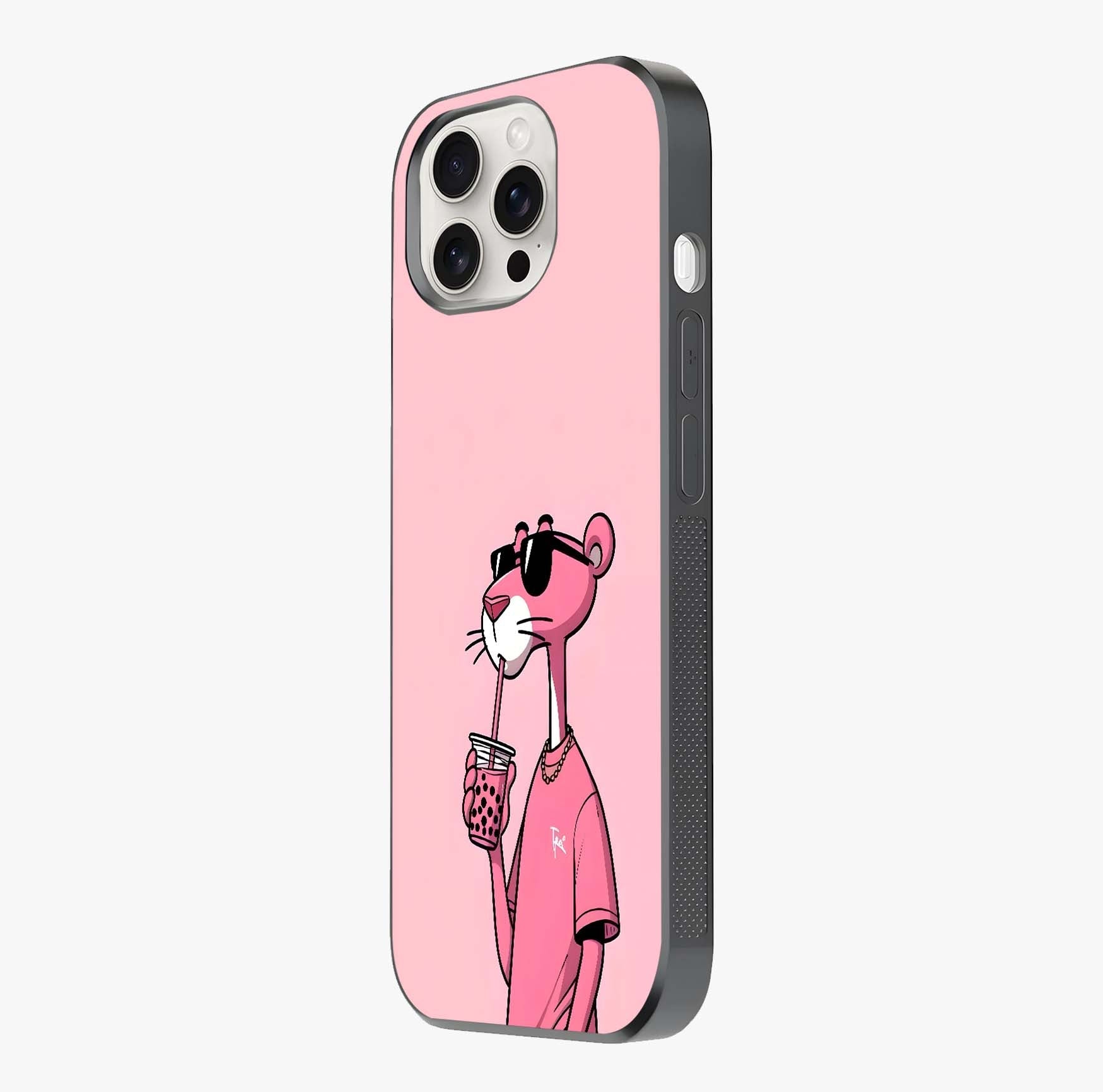 Pink Panther Glass Case photographed in natural light showing reflective finish and design depth.