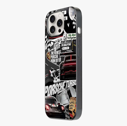 Porsche Racing Collage Glass Case photographed in natural light showing reflective finish and design depth.