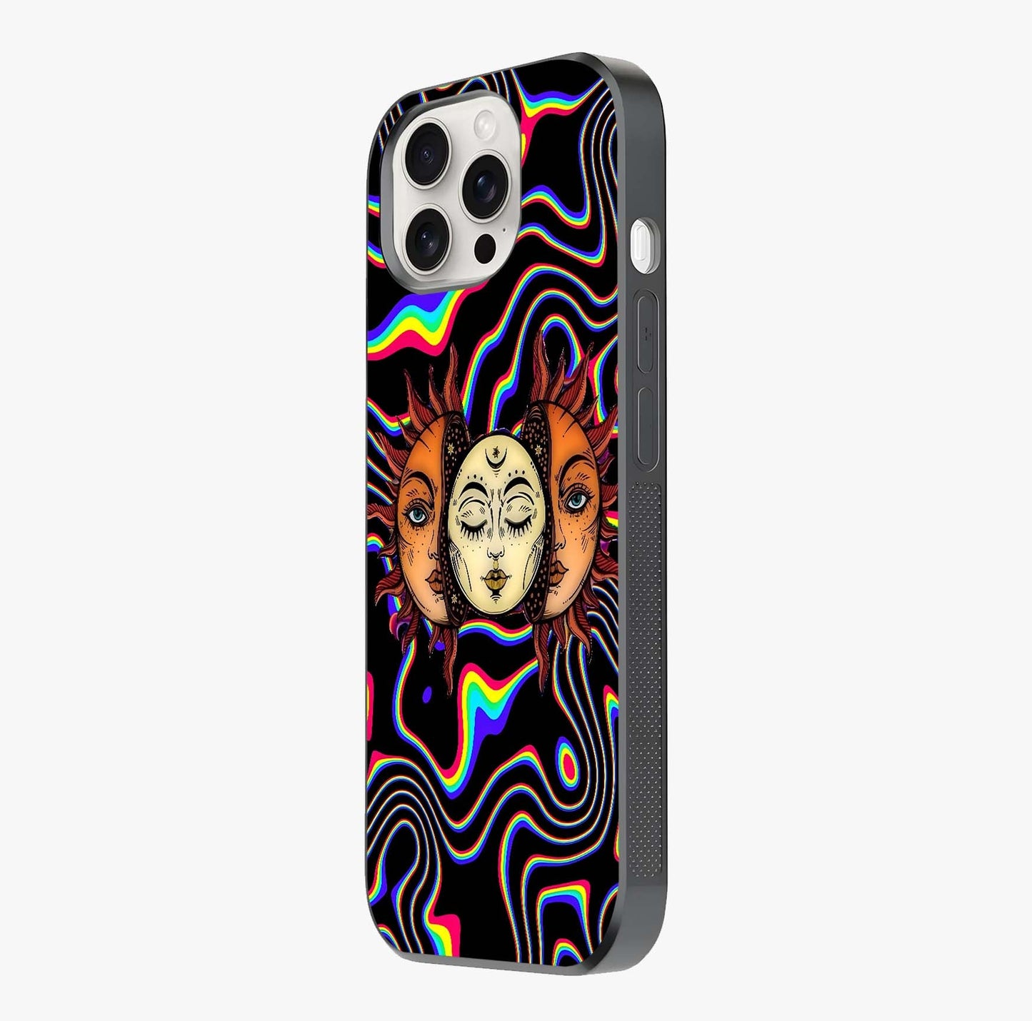 Psychedelic Sun Glass Case photographed in natural light showing reflective finish and design depth.
