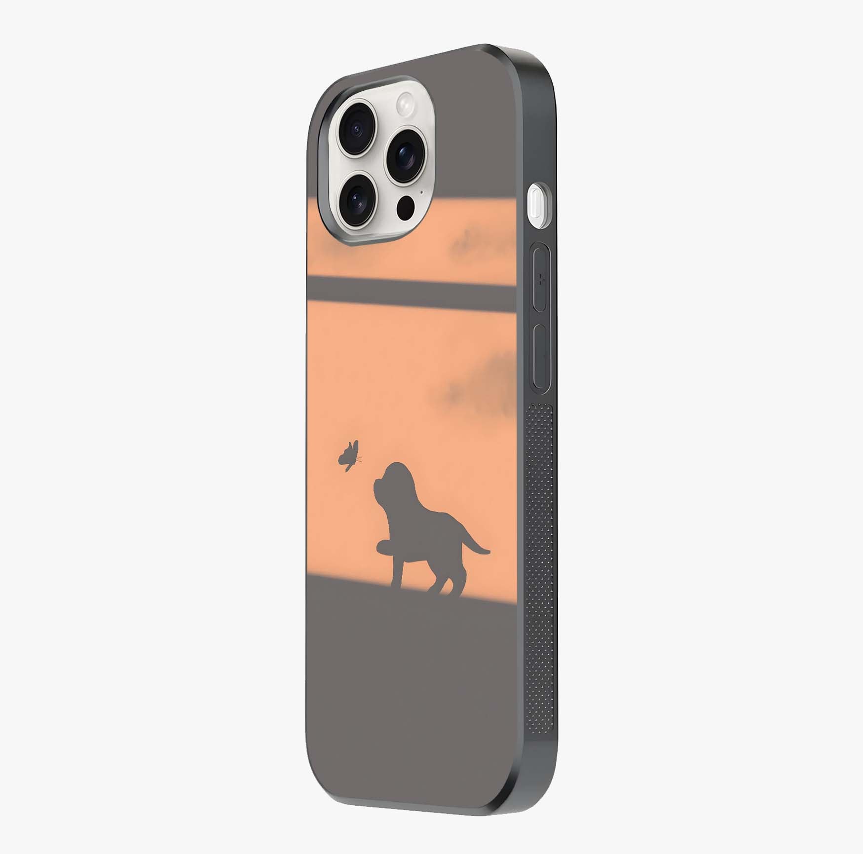 Puppy Shadow Art Glass Case photographed in natural light showing reflective finish and design depth.