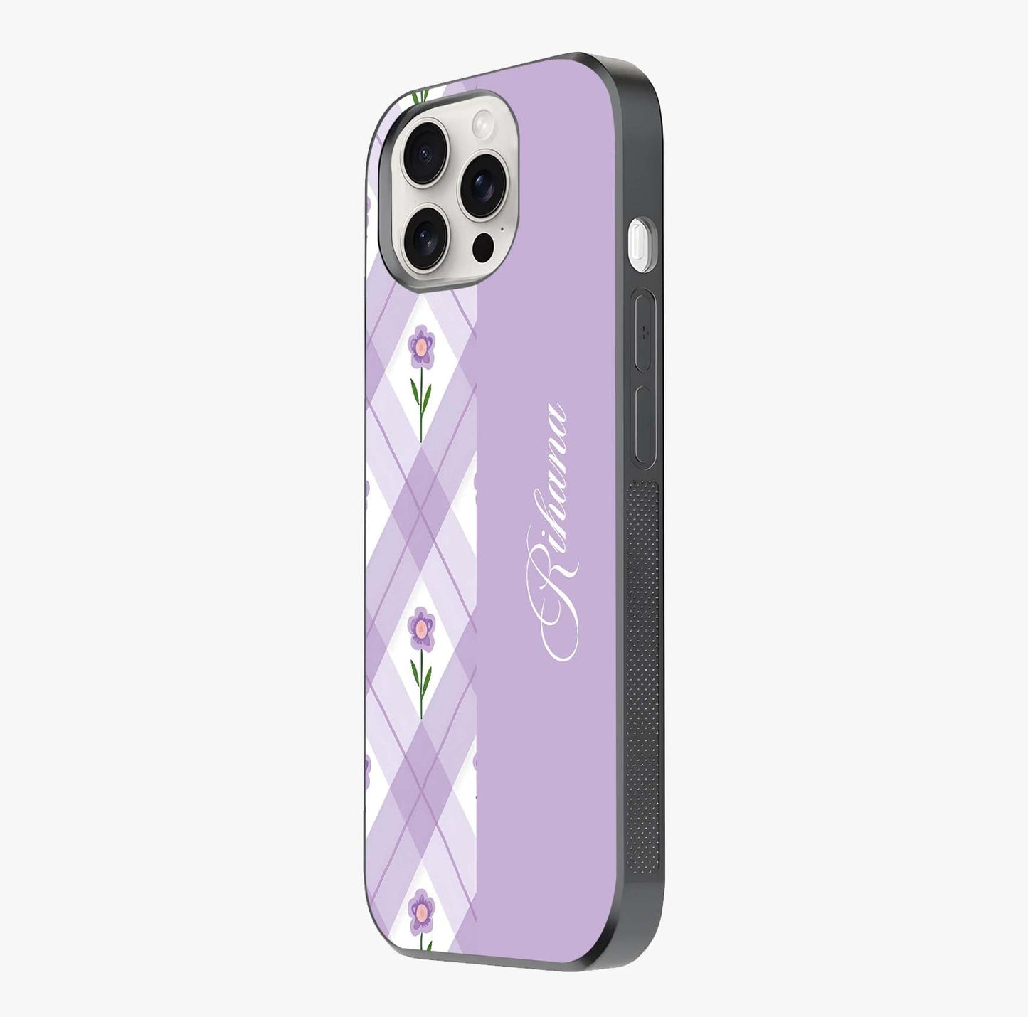 Purple Diamond Floral Glass Case photographed in natural light showing reflective finish and design depth.