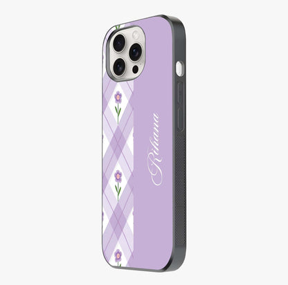 Purple Diamond Floral Glass Case photographed in natural light showing reflective finish and design depth.