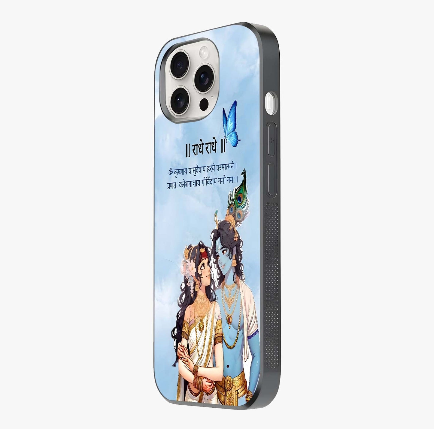 Radha Krishna Eternal Glass Case photographed in natural light showing reflective finish and design depth.
