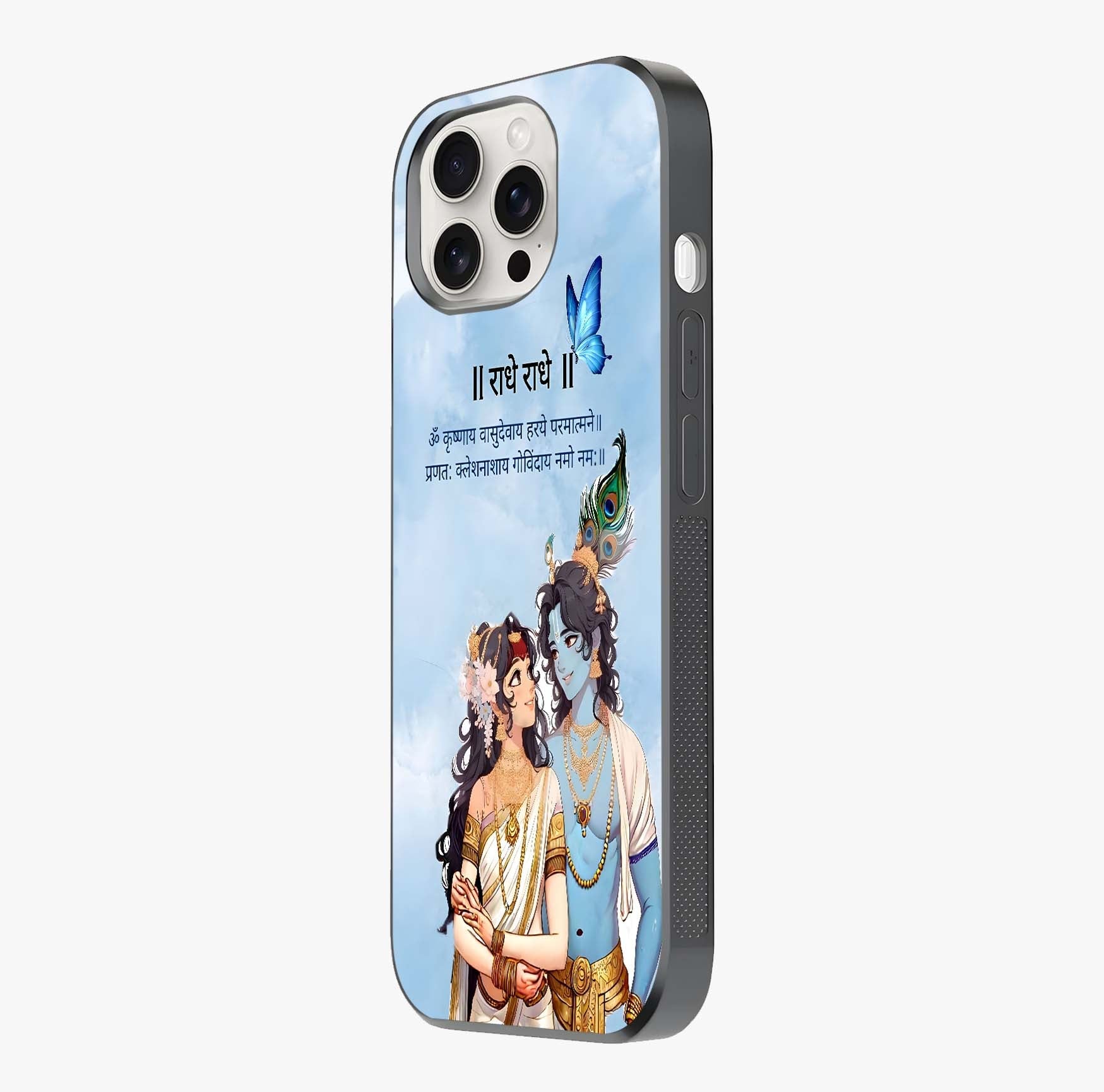Radha Krishna Eternal Glass Case photographed in natural light showing reflective finish and design depth.
