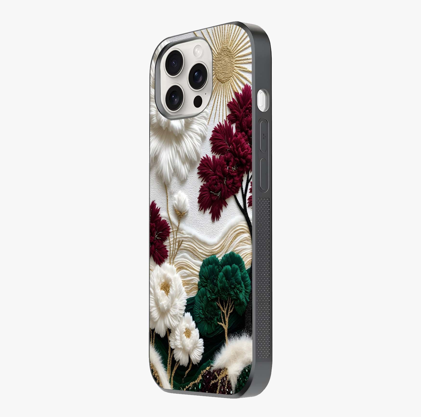 Radiant Bloom Elegance Glass Case photographed in natural light showing reflective finish and design depth.