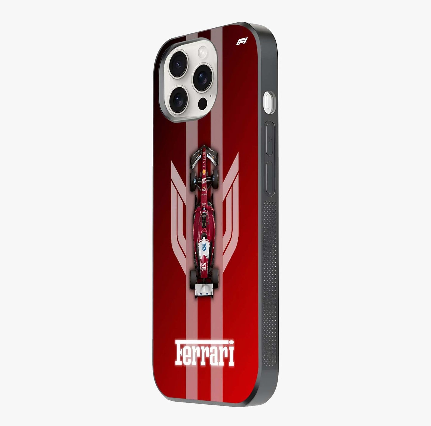 Red Ferrari F1 Vertical Glass Case photographed in natural light showing reflective finish and design depth.