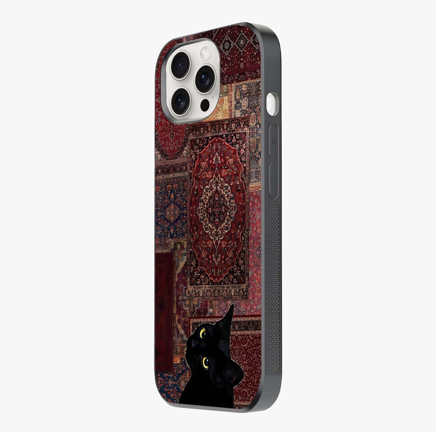 Regal Magic Cat Apple Glass Case photographed in natural light showing reflective finish and design depth.