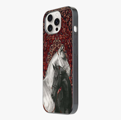 Regal Stallion Tapestry Glass Case photographed in natural light showing reflective finish and design depth.