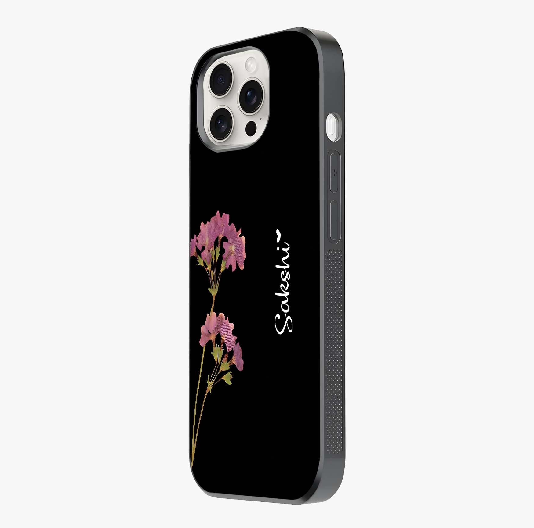 Riching Lavender Flower Custom Name Glass Case photographed in natural light showing reflective finish and design depth.