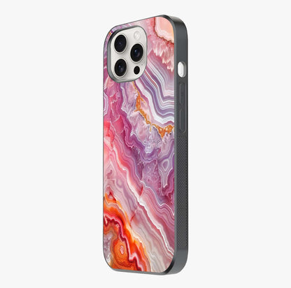 Rose Quartz Marble Glass Case photographed in natural light showing reflective finish and design depth.