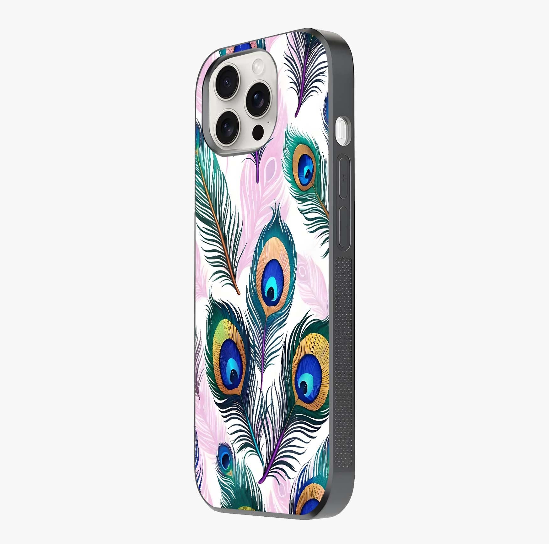 Royal Peacock Feathers Glass Case photographed in natural light showing reflective finish and design depth.