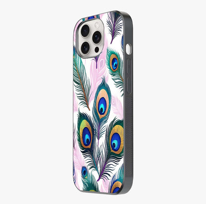 Royal Peacock Feathers Glass Case photographed in natural light showing reflective finish and design depth.