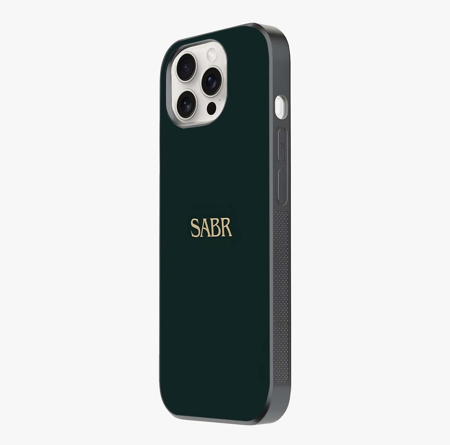 Sabr Minimal Patience Glass Case photographed in natural light showing reflective finish and design depth.