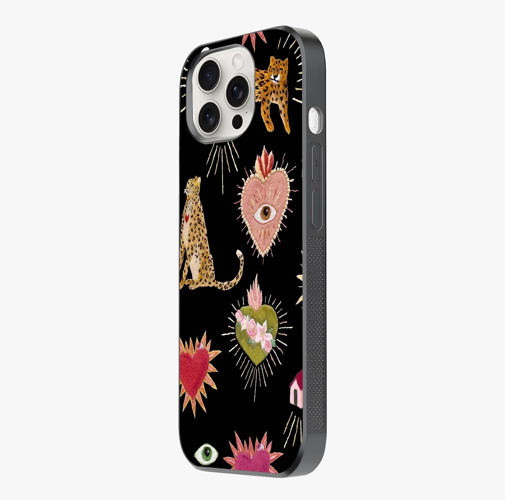 Sacred Jungle Heart Glass Case photographed in natural light showing reflective finish and design depth.