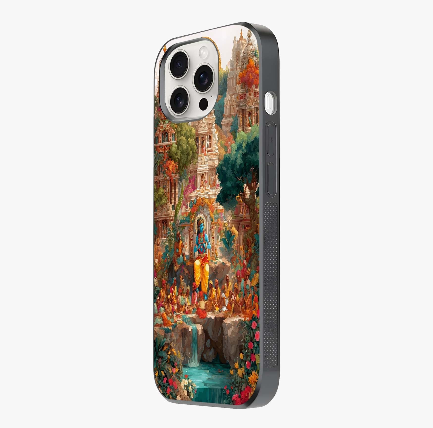Sacred Sunlight Gods Glass Case photographed in natural light showing reflective finish and design depth.