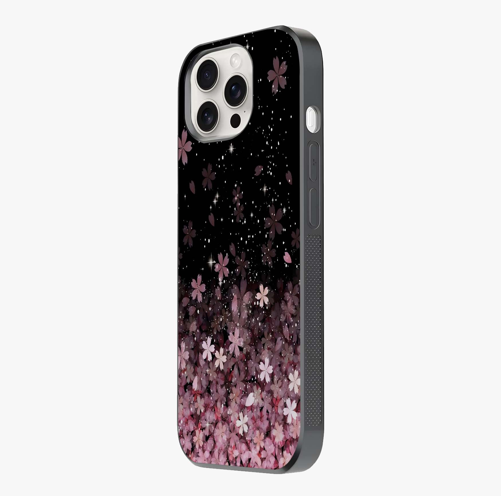 Small Starry Flowers Glass Case photographed in natural light showing reflective finish and design depth.