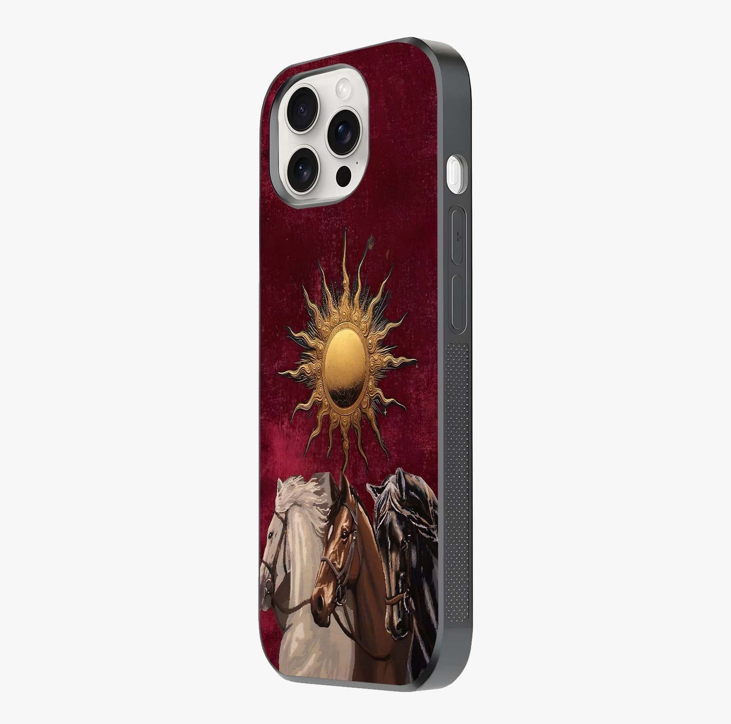 Solar Riders Glass Case photographed in natural light showing reflective finish and design depth.