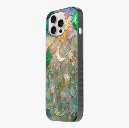Stained Sunrise Glow Glass Case photographed in natural light showing reflective finish and design depth.
