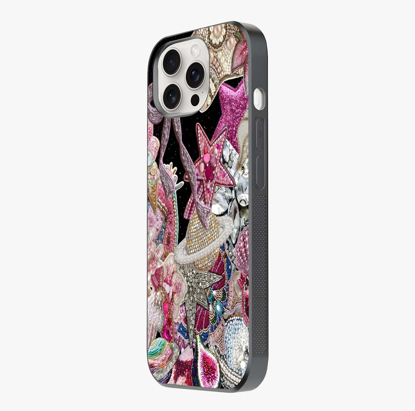 Starlit Jewel Dream Glass Case photographed in natural light showing reflective finish and design depth.