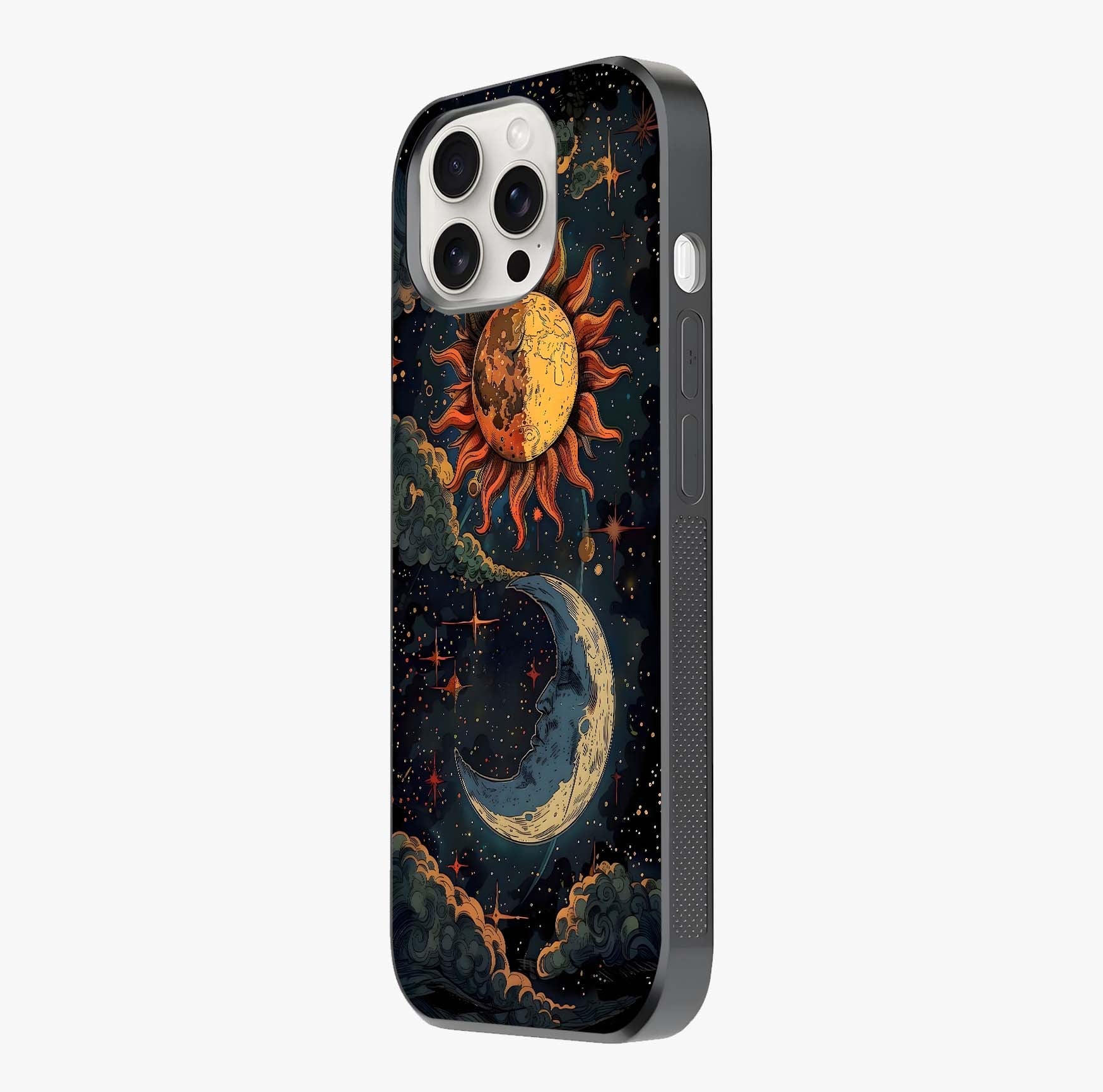 Sun And Moon Magic Design Glass Case photographed in natural light showing reflective finish and design depth.