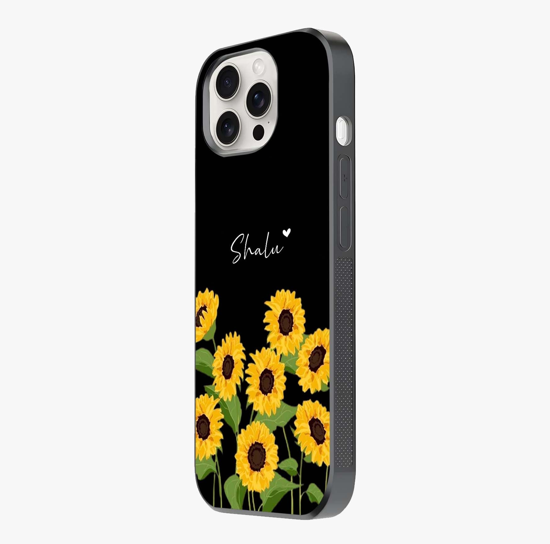Sunflower Chic Mood Custom Name Glass Case photographed in natural light showing reflective finish and design depth.
