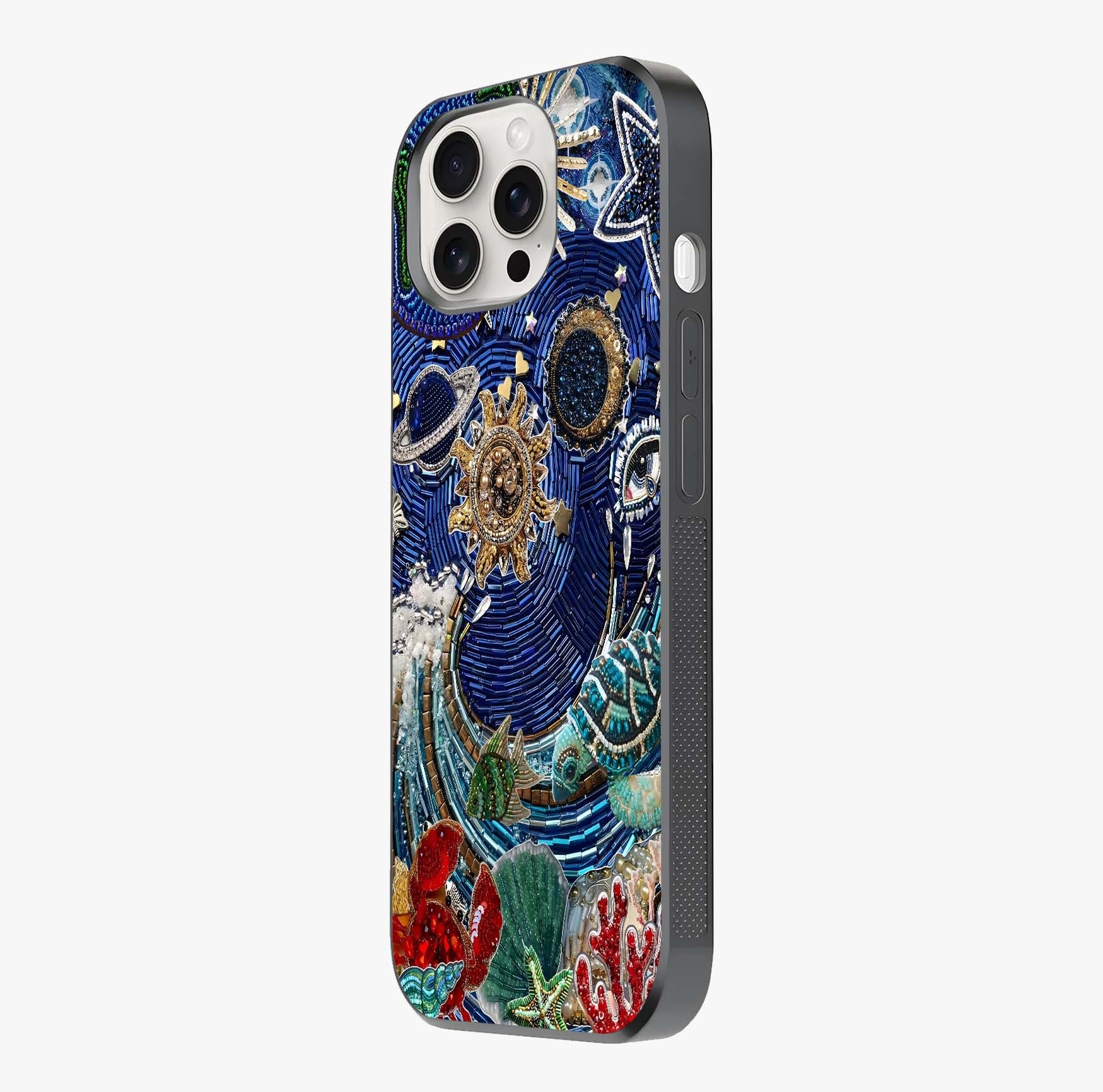 Universe Underwater Spark Glass Case photographed in natural light showing reflective finish and design depth.