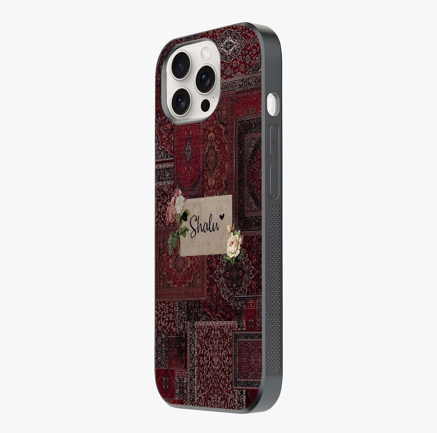 Velvet Wine Pattern Custom Name Glass Case photographed in natural light showing reflective finish and design depth.