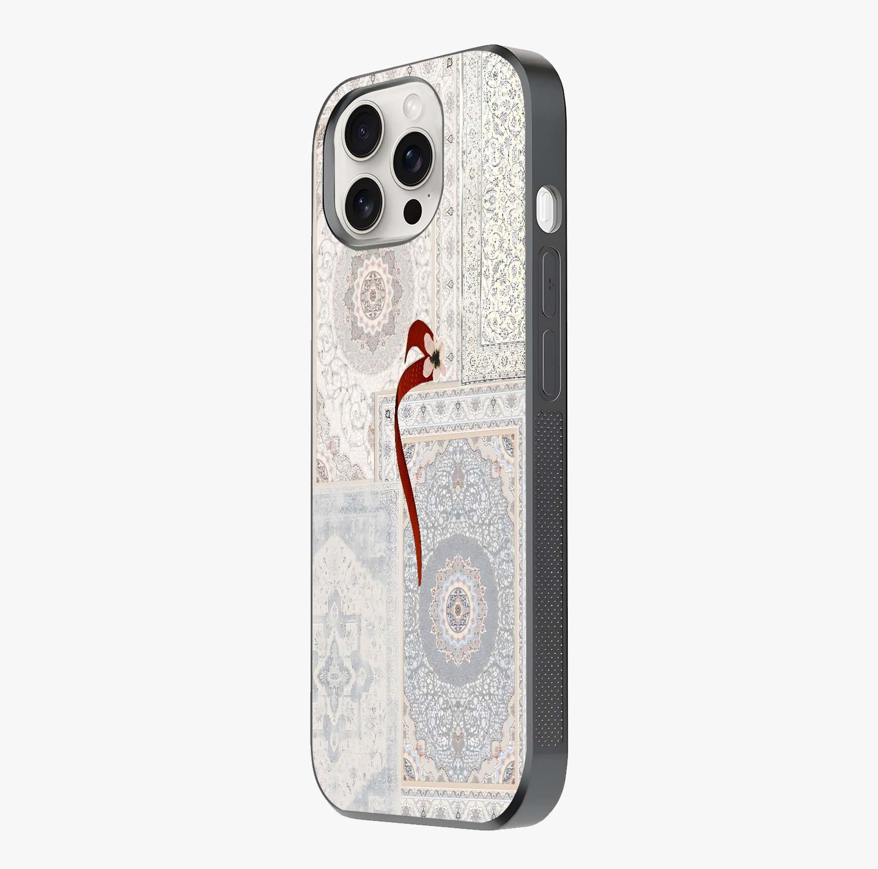 White Aesthetic Bow Glass Case photographed in natural light showing reflective finish and design depth.