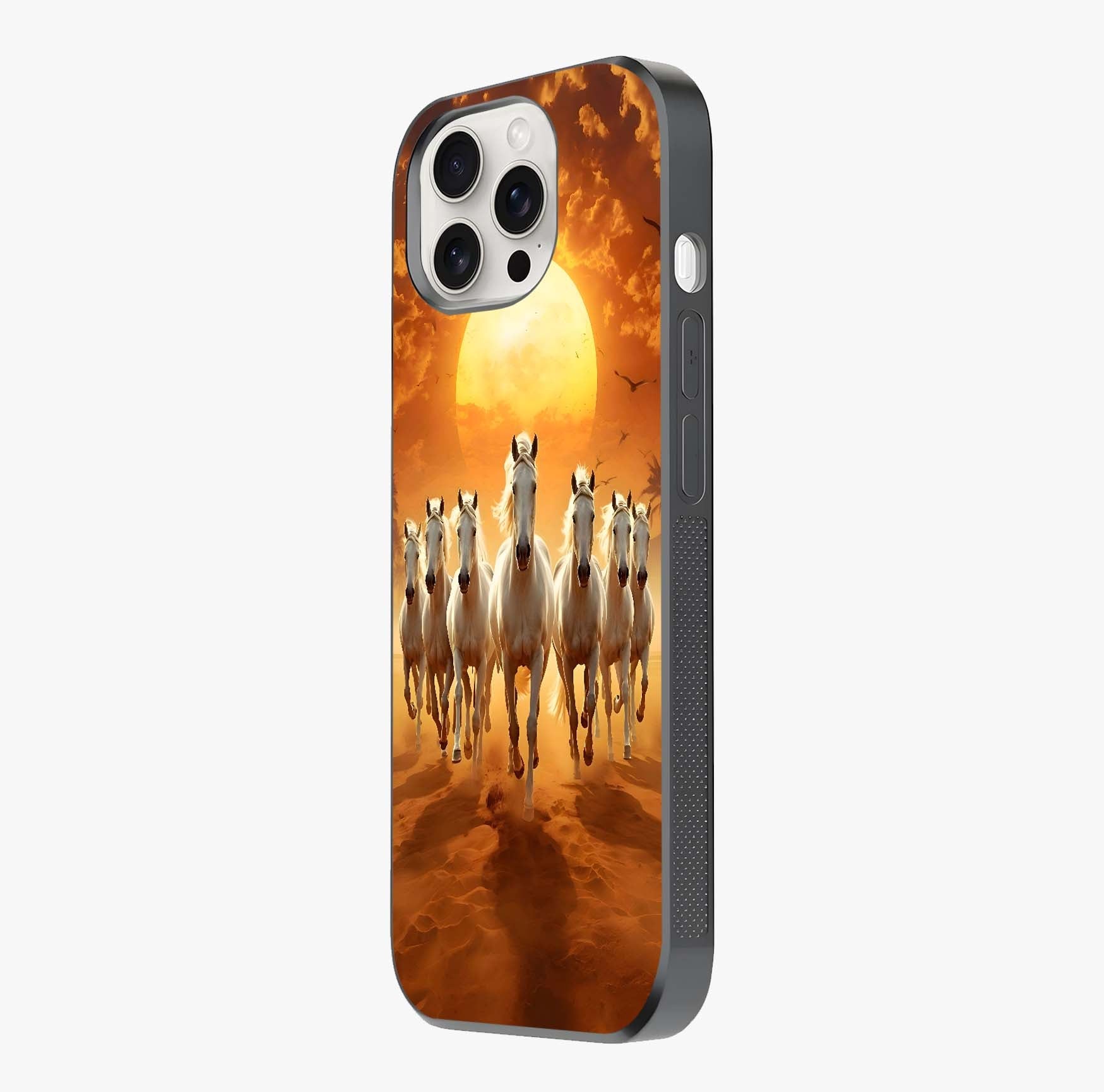 Wild Sunset Majesty Glass Case photographed in natural light showing reflective finish and design depth.