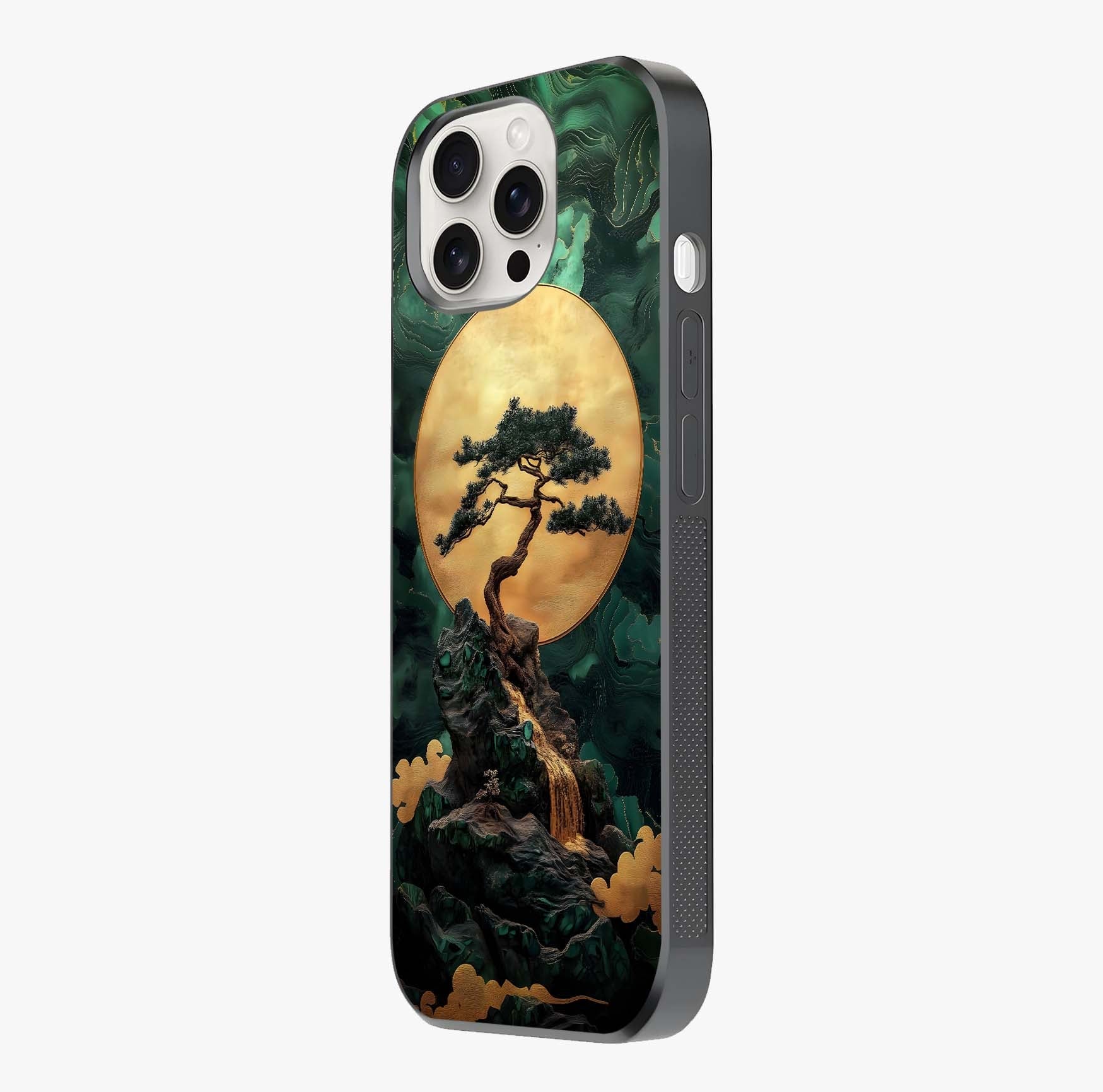 Zen Moon Rise Glass Case photographed in natural light showing reflective finish and design depth