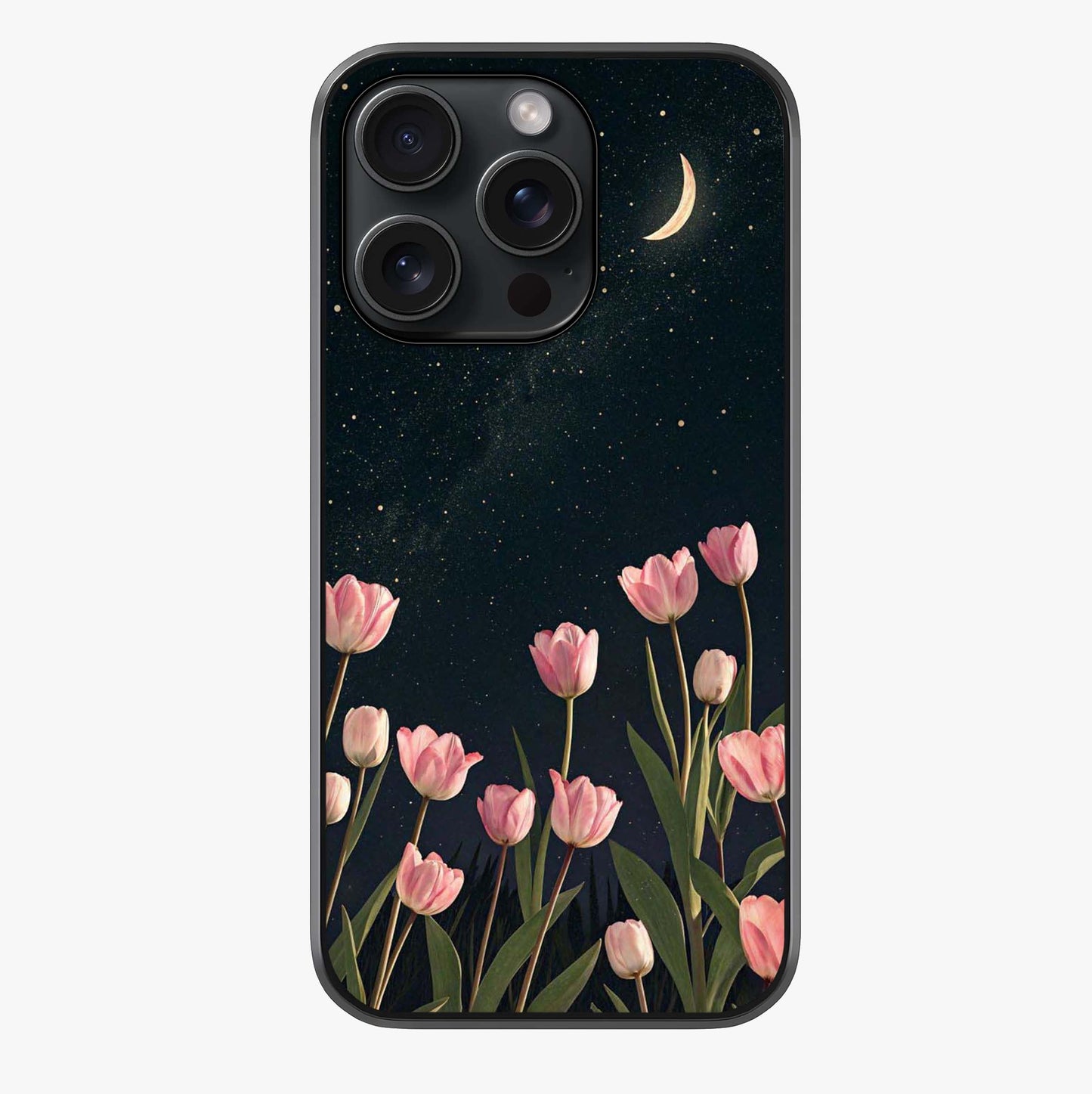 Midnight Tulip Whispers Vibe Glass Case showing full back design in clean flat view with glossy glass finish.