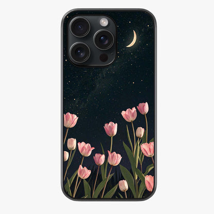 Midnight Tulip Whispers Vibe Glass Case showing full back design in clean flat view with glossy glass finish.